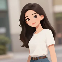 cartoon beautiful woman, low camera, tilt shift