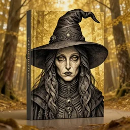 golden forest at background, creative!!! composition for a book cover, absurdly beautiful, ultrafine hyperrealistic detailed old witch face by wlop and artgerm and greg rutkowski, intricate linework, sharp focus, smooth, octopath traveler, final fantasy, unreal engine, dramatic lighting, ethereal, 8 k