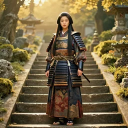 gorgeous japanese warrior princess standing on stairs in a fantasy garden, long hair, beautiful intricately decorated clothing, natural pose, in the style of the last emperor film, golden hour, shallow depth of field, fantasy matte painting, rule of thirds, karole bak, mohrbacher, hasui kawase, noriyoshi ohrai