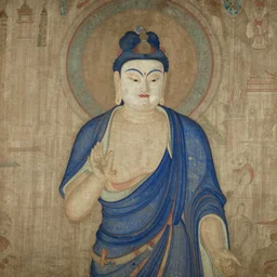 mogao grottoes, god wearing blue clothes and mask, painting by gaston bussiere, j. c. leyendecker, yoji shinkawa