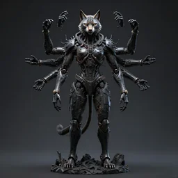 a detailed centered fullbody cinematic darkscifi 3 d sculpture of an android with a head of a lynx and six arms in a pose reminds to shiva. artwork by andrei riabovitchev influenced by igor goryunov. blacklight color palette. artwork stylized and overpainted by subjekt zero. rendered by machine. delusions in discodiffusion. collect influence from mechas and robots on artstation deviantart and instagram. volumetric lighting. ominous intricate dangerous.