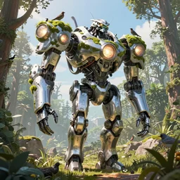 walking mech covered in chrome armor, large shapes, horizon zero dawn aesthetic, covered in moss and birds, many large glowing lights, beautiful forests and trees, utopian landscape, bright sunlight, cinematic, concept art, art by WLOP and artgerm and greg rutkowski, trending on artstation, masterpiece.
