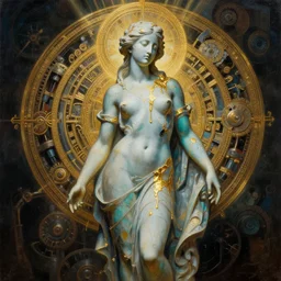 art by camille corot, zeng fanzhi, teal chinese abstract shattered statue standing in god rays, beautiful female body and golden glue dripping acrylic portrait, volumetric light, highly detailed ornaments, mechanical superstructure, sacred geometry, glowing edges, sad, hurt, beautiful light, statue of carving marble, intricate 8 k render, dark mood, cinematic light, golden spirals, clockwork