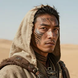 a detailed portrait of desert warrior with face tattoos, fantasy art illustration, incredibly highly detailed and realistic, 8 k, sharp focus
