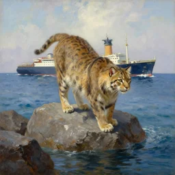 big cat the size of a ship over the ocean, rocks, near the shore, aivazovsky style, oil painting, high quality, realism