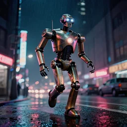 a 2 8 mm macro kodachrome photo of a tall huge metallic cyborg droid with glowing lights, running on a rainy night in the city in the 1 9 5 0's, seen from a distance, canon 5 0 mm, cinematic lighting, film, photography, award - winning, neon, cyberpunk, blade runner