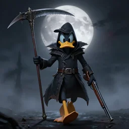 an ultra detailed 3 d illustration of darkwing duck walking toward the camera holding a large scythe in one hand and a sawed off shotgun in the other dressed as the hunter from bloodborne, let's get dangerous, in the style animation of darkwing duck, digital art, dark fantasy, concept art, soulslike, by alphonse mucha and greg rutkowski, cinematic, blood moon eclipse, ominous night mist, unreal engine, octane render, artstation, 8 k