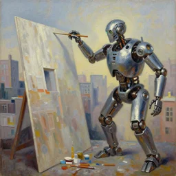 painter building city together with mechanical golem, oil painting, by ilya sipyagin