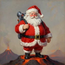 Portrait Portrait of Santa Claus the Rotund Elf Nerd shrouded within his signature red outfit brandishing a jetpack whilst standing atop volcano greg rutkowski eyvind earle paul klee grimshaw andrew wyeth tom bagshaw stanton feng bastien lecouffe-deharme tombow oil painting