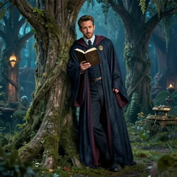 ryan reynolds wearing wizard robes leans against a magical arbor romance novel fantasy artwork epic detailed and intricate digital photo trending on artstation by wlop octane render