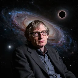 stephen hawking with space in the background, universe, galaxies, planets, black hole, by anato finnstark