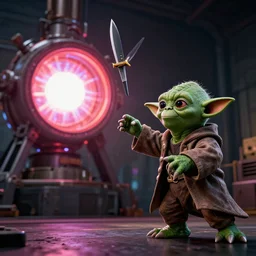 yoda throwing knives at a plasma reactor