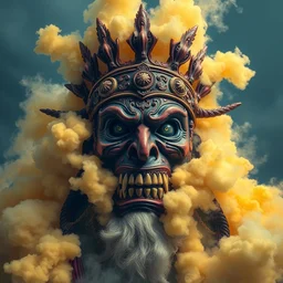 full shot of a crying!!!! king of masks!!, covered in yellow and blue clouds, evil, scary, shamanistic, cloudcore, by kim keever