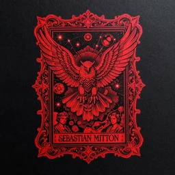 black paper + elements + red + black + neon + baroque + rococo + ink + tarot card with ornate border frame + sebastien mitton, viktor antonov, sergey kolesov, detailed, intricate ink illustration + magic + glow + outline + laser + red + black + detailed robot falcon