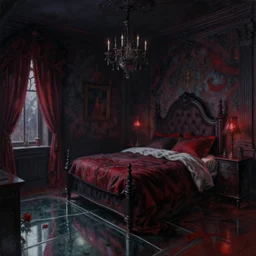 a beautiful detailed painting of vampirish dark gothic bedroom with dark red accents by noah bradley, glass on floor, nightsky, archdaily, wallpaper, highly detailed, trending on artstation.