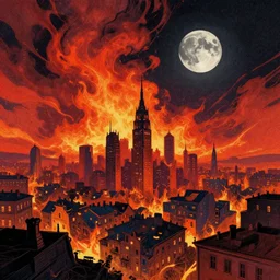 editorial illustration by karolis strautniekas and mads berg, colorful, city of the lost, sky on fire, black moon, fine texture, detailed, matte colors, film noir, dramatic lighting, dynamic composition, moody, vivid, volumetric