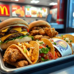 photo of mcdonald's burgers and kfc chicken and taco bell tacos mixed together on a fast - food tray, in a fast - food restaurant.