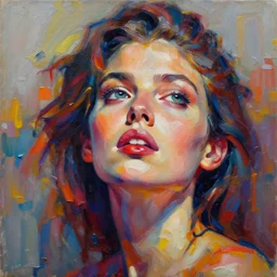 Beautiful Woman Face Looking Up, Palette Knife Painting, Acrylic Paint, Dried Acrylic Paint, Dynamic Palette Knife Oil Paintings, Vibrant Palette Knife Portraits Radiate Raw Emotions, Full Of Expressions, Palette Knife Paintings by Francoise Nielly