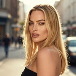 Beautiful Head and shoulders portrait of confident flirty margot robbie with straight long blonde hair, by Zoë Mozert , alberto Vargas, arney freytag, artstation, 35mm, fashion photoshoot, posing in an urban street, golden hour, bokeh, rim lighting, fashion pose, octane, 4k