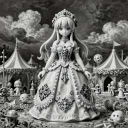By Tom Bagshaw, ultra realist soft painting of an anime porcelain miniature fully dressed figurine, curiosities carnival background, symmetry accurate features, very intricate details, ominous sky, black and white, volumetric light clouds