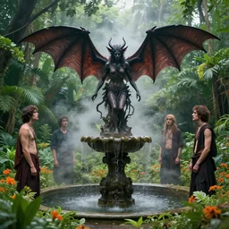a feather demon worshipping a satanic altar atop a fountain in a lush dense verdant garden by tim doyle and victo ngai and dan mumford and james gilleard, bat wings, mist, hyperrealism, volumetric lighting, god rays, highly detailed, sfumato, orange flowers, overgrown
