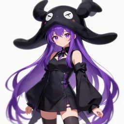 Beautiful Digital illustration of long purple haired anime girl with black clothes and enderman hat