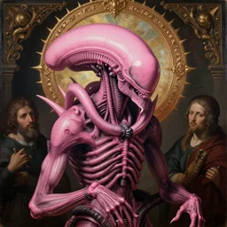 pink xenomorph human hybrid saint icon spiky ornate halo religious painting by yoshu hashimoto chikanobu, baroque portrait painting, detailed octane render trending on artstation artgerm, 8 k artistic photography, volumetric cinematic perfect light, chiaroscuro, masterpiece, raphael, caravaggio, beksinski, rutkowski, giger