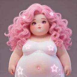 harmony of cute chubby woman with curly pink hair, she has a rose quartz on her belly button, she wears a white dress, neon stars, glowing line - art, by wlop, james jean, victo ngai! muted colors, highly detailed, fantasy art by craig mullins, thomas kinkade cfg _ scale 8