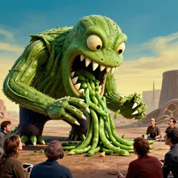 giant monster made of green beans and sharp teeth eating people, star trek, film still from a movie directed by Denis Villeneuve  with art direction by Salvador Dalí, wide lens