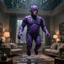 cinestill of a giant form made of purple wax float through the living room film still from the movie directed by denis villeneuve with art direction, pouring rain menacing lights shadows, 8 k, hd, high resolution, 3 5 mm, f / 3 2, ultra realistic faces, lost highway