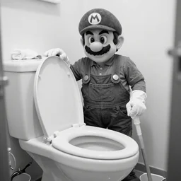 mario draghi as a toilet cleaner, realistic black and whit photo
