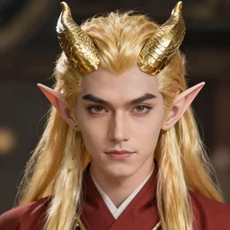 adult male elf ; 2 5 years ; sharp effeminate face ; elf ; clean shaven ; long golden hair ; golden horns ; patches of scales ; pointed ears ; in the style of inuyasha ; trending on artstation ; cinematic ; high detail ; digital art ; anime key visual ;