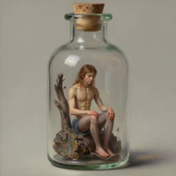 a tiny realistic proportioned male genie sitting down inside a glass bottle. beautiful detailed painting by artgerm and magali villanueve and michael whelan