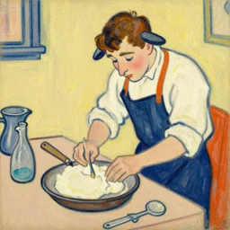 A Pop Art style Tracing made with Oil paint on Fabric of A Playful Sheepish Man baking, in the style of Henri De Toulouse Lautrec