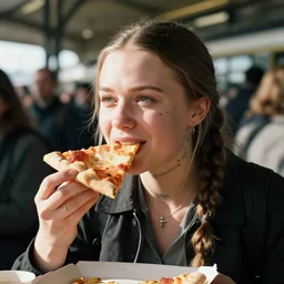 film still close - up shot of greta thunberg with facial tattoos giving a speech in a crowded train station eating pizza, smiling, the sun is shining. photographic, photography