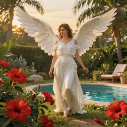 female Angel with wings, in a garden, vibrant red hibiscus, tropical pool, golden hour, artstation, by J. C. Leyendecker and Peter Paul Rubens, - 12p