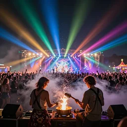 scandy and arender, cooking it up, hot hot hot, splash, ahhhhhhh, roomies, bohemian digitals, playing a live gig at ozora festival, night time, colored lights, stroboscope, fog machine, no faces visible, huge crowd, ecstatic, photorealistic photography
