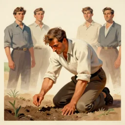 farmer kneeling down putting a seed in the soil, limited neutral palette, by petros afshar, anton fadeev, dean ellis, beautiful graphic full body portrait, propaganda poster art 1 9 5 0 s illustrated advertising art, painterly character design