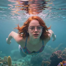 Emma Stone with glasses swimming in chromatic distortions in misty mysterious place, beautiful, psychedelic, lsd, trending on artstation, omnious, soft, artwork by Tran, Ross
