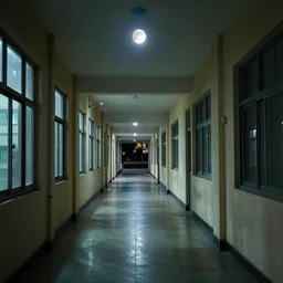 a school corridor at night, night time, after hours, moonlight, colour