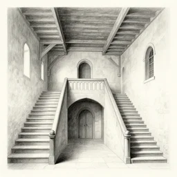 pencil drawing, medieval building with stairs, stairs left, stairs right, stairs on the ceiling, in style of mc escher