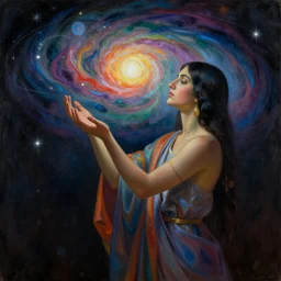 a shaman woman holding up the cosmic!! universe, by remedios varo, reflection, symbolist!, magic colors, dramatic lighting, smooth, sharp focus, extremely detailed, aesthetically pleasing composition