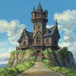 a low angle, from below, worms - eye - view of magical victorian - medieval tower on a cliffside, road leading up to the house, finely detailed features, perfect art, gapmoe yandere, trending on pixiv fanbox, painted by makoto shinkai takashi takeuchi studio ghibli, akihiko yoshida, craig mullins