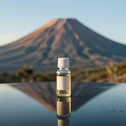 symmetrical photo of small bottle standing, volcano background