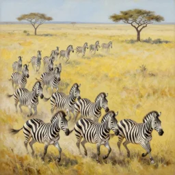 polychromatical zebras running in the savanah, view from the sky forming a stampede, oil in canvas