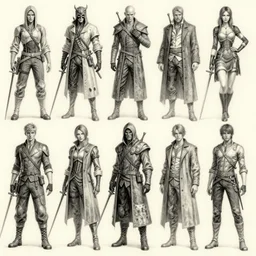 detailed pencil spot illustrations of various character concepts from the dishonored videogames and westworld crossover, various poses, by bridgeman, by burne hogarth, by conrad roset, by ruan jia, by yoshitaka amano, cgsociety, artstation.