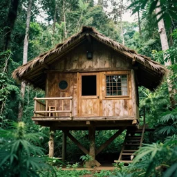 film still of a beautiful cannabis tree house in the jungle
