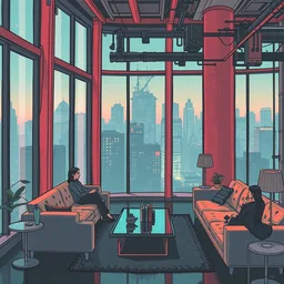 cyberpunk loft lounge with tall windows without people with city in background, drawn by feng zhu