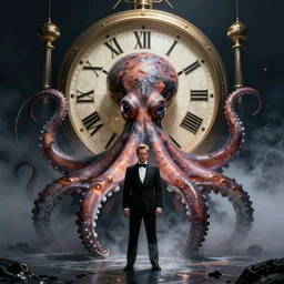 spectre of james bond, artstation, concept art, octopus, engima, mistery, villain, clock, cinematic shot