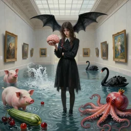 painting of a flooded louvre art gallery and a tall emo girl holding an electrical brain, incubus, art gallery interior, pigs, courgette, waterfall, pomegranates, octopus, zen, liminal space, black swans, berries, surrealist, by magritte and monet